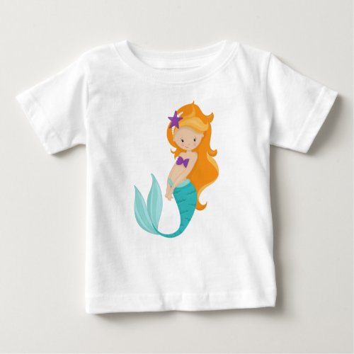 Cute Mermaid Little Mermaid Orange Hair Star Baby T_Shirt