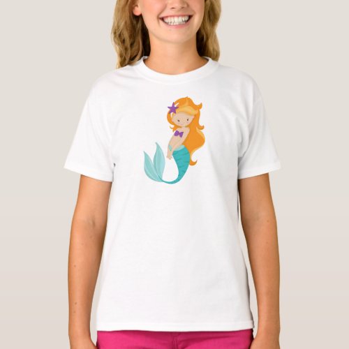 Cute Mermaid Little Mermaid Orange Hair Star T_Shirt