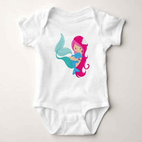 Cute Mermaid Little Mermaid Pink Hair Dolphin Baby Bodysuit