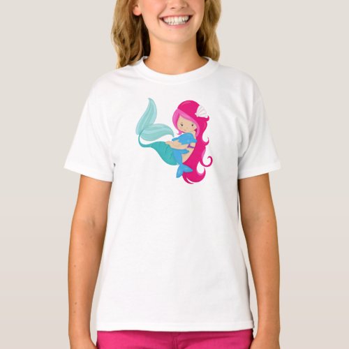 Cute Mermaid Little Mermaid Pink Hair Dolphin T_Shirt