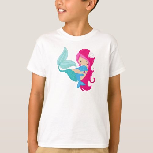 Cute Mermaid Little Mermaid Pink Hair Dolphin T_Shirt
