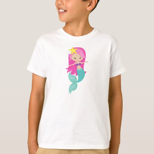 Cute Mermaid Little Mermaid Pink Hair Starfish  T_Shirt