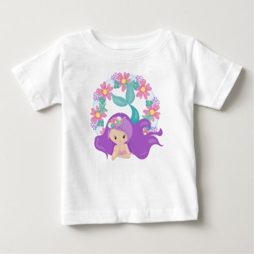 Cute Mermaid Little Mermaid Purple Hair Flowers Baby T_Shirt