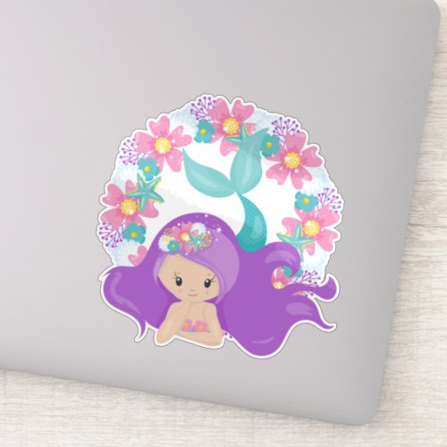 Cute Mermaid Little Mermaid Purple Hair Flowers Sticker