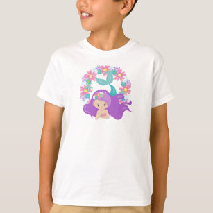 Cute Mermaid, Little Mermaid, Purple Hair, Flowers T-Shirt