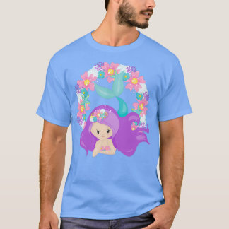 Cute Mermaid Little Mermaid Purple Hair Flowers T-Shirt