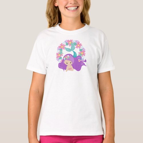 Cute Mermaid Little Mermaid Purple Hair Flowers T_Shirt