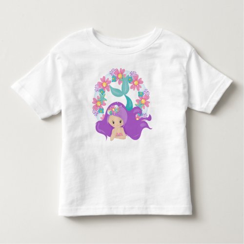 Cute Mermaid Little Mermaid Purple Hair Flowers Toddler T_shirt