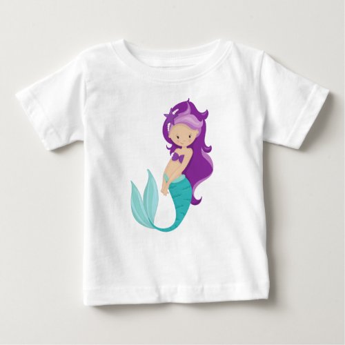 Cute Mermaid Little Mermaid Purple Hair Star Baby T_Shirt