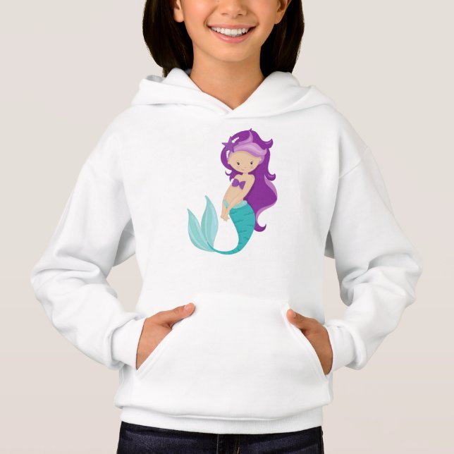 Cute Mermaid, Little Mermaid, Purple Hair, Star Hoodie (Front)
