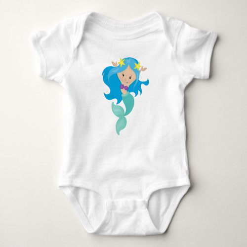 Cute Mermaid Little Mermaid Starfish Blue Hair Baby Bodysuit