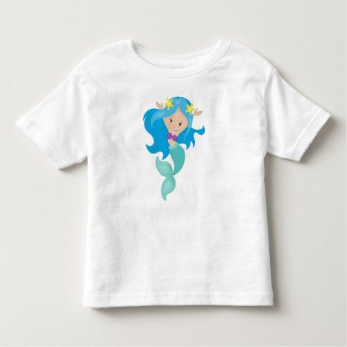 Cute Mermaid Little Mermaid Starfish Blue Hair Toddler T_shirt