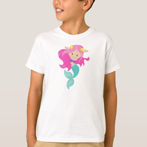 Cute Mermaid Little Mermaid Starfish Pink Hair  T_Shirt