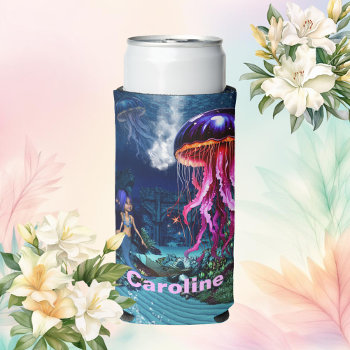 Cute Mermaid Looks At The Beautiful Jellyfish Seltzer Can Cooler by stylishdesign1 at Zazzle