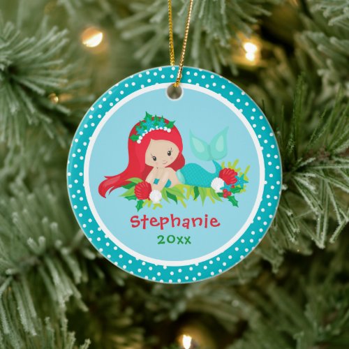 Cute Mermaid Magical Christmas Personalized Ceramic Ornament