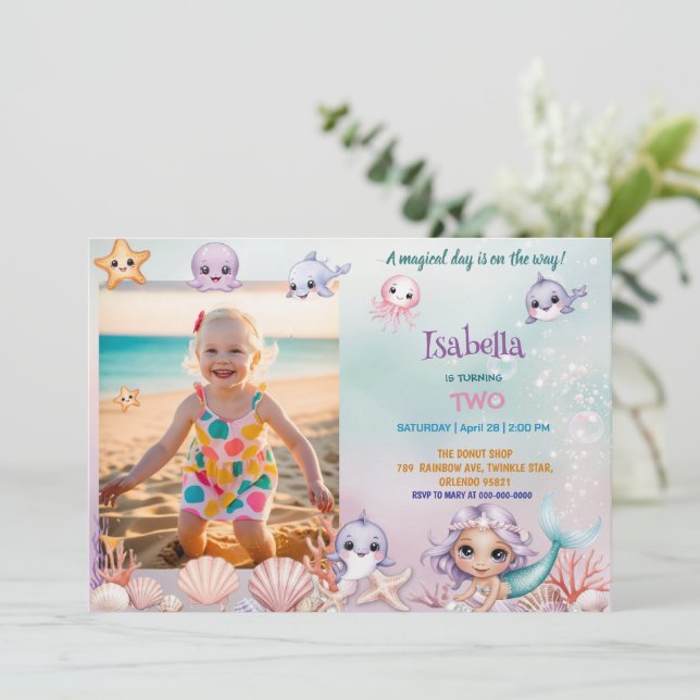 cute mermaid magical Photo birthday invitation (Standing Front)