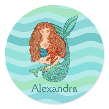 Cute Mermaid & Mercat Teal Aqua Green Custom Name Classic Round Sticker Cute Mermaid & Mercat Teal Aqua Green Custom Name Classic Round Sticker