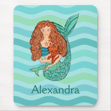 Cute Mermaid & Mercat Teal & Sea Green Custom Name Mouse Pad Cute Mermaid & Mercat Teal & Sea Green Custom Name Mouse Pad