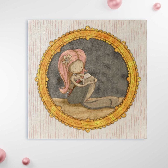 Cute Mermaid Mother and Baby Portrait Illustration Jigsaw Puzzle (Cute new mother mermaid with baby jigsaw puzzle)