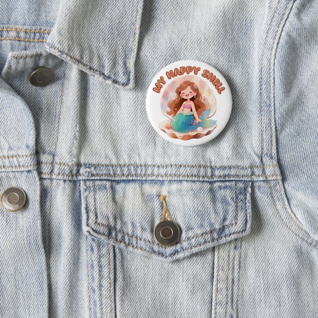 Cute Mermaid My Happy Shell Quote Pastel Aesthetic Button (In Situ)