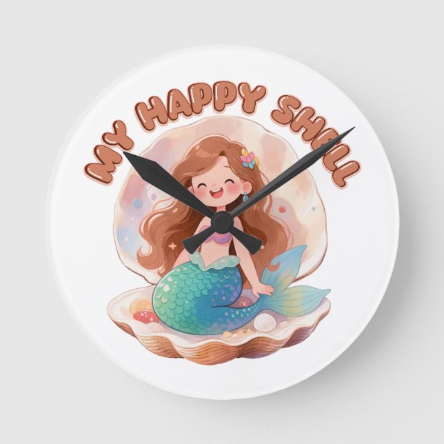 Cute Mermaid My Happy Shell Quote Pastel Aesthetic Round Clock (Front)