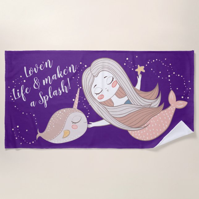 Cute Mermaid 'n Narwhal Personalizable Beach Towel (Front)