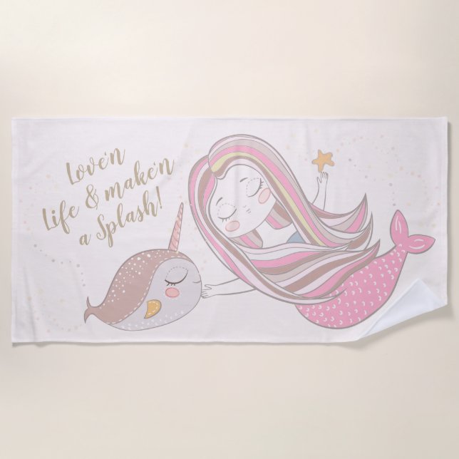 Cute Mermaid 'n Narwhal Personalizable Beach Towel (Front)