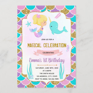 Cute mermaid narwhal theme invitation