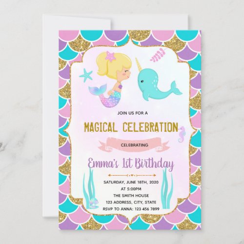 Cute mermaid narwhal theme invitation