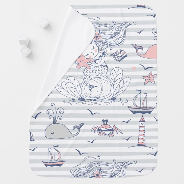 Cute Mermaid Nautical Theme Stripes Baby Blanket (In Situ)