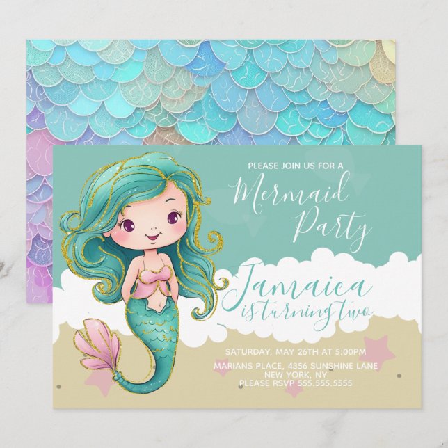 Cute Mermaid Ocean Beach Birthday Party   Invitation (Front/Back)
