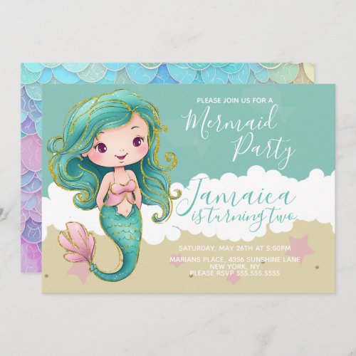 Cute Mermaid Ocean Beach Birthday Party   Invitation