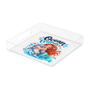 Cute Mermaid Ocean Friends Dolphin Design Acrylic Tray