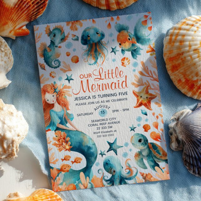 Cute Mermaid Ocean Life Watercolor Kids Birthday  Invitation (Creator Uploaded)