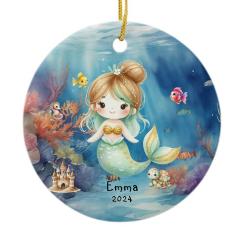 Cute Mermaid Ocean Photo Watercolor Personalized Ceramic Ornament