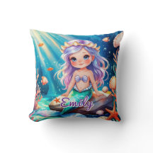 Cute Mermaid Ocean Pillow – Editable Name