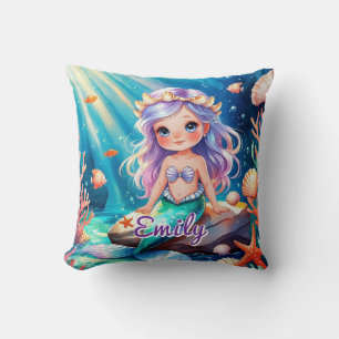 Cute Mermaid Ocean Pillow – Editable Name