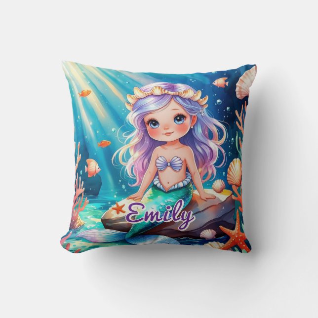 Cute Mermaid Ocean Pillow – Editable Name (Front)