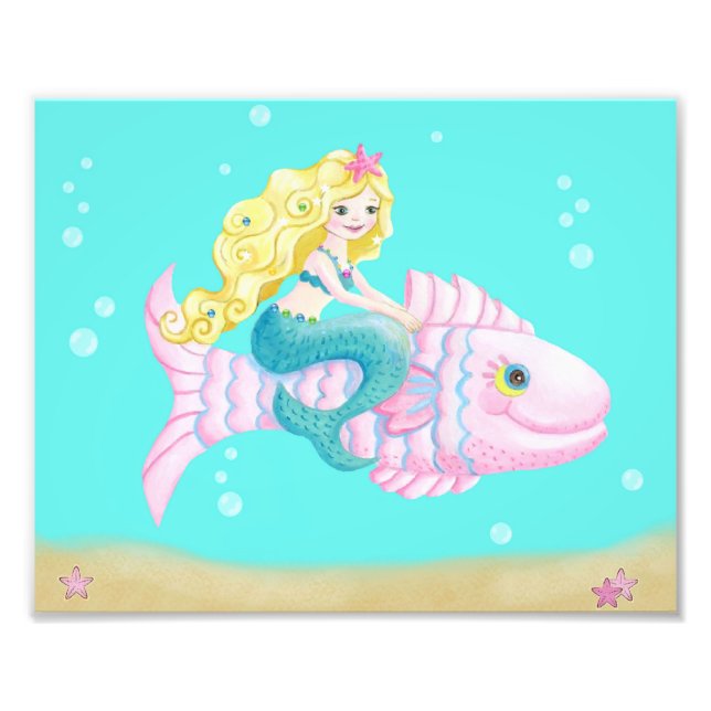 Cute mermaid on a pink fish photo print (Front)