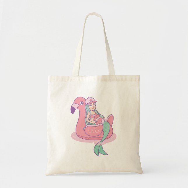 Cute Mermaid on Flamingo Pool Float Tote Bag (Front)