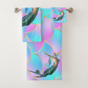 Cute Mermaid On Mermaid Tail Scales Bath Towel Set
