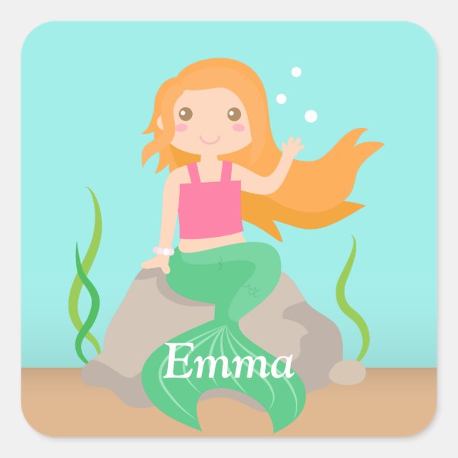 Cute Mermaid on Rock Girls Personalized Sticker (Front)