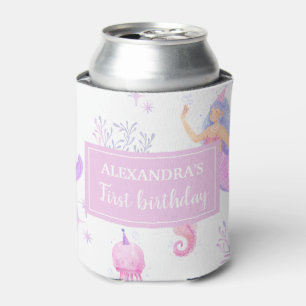 Cute Mermaid Party Girl 1st Birthday Personalized Can Cooler