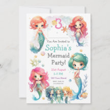 Cute Mermaid Party Invitation, Editable Text