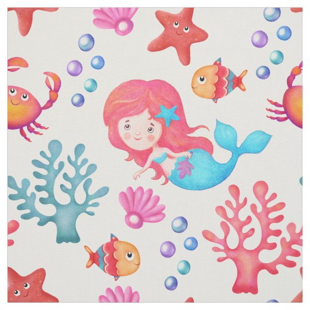 Cute Mermaid Pattern Underwater Theme Nursery Fabric