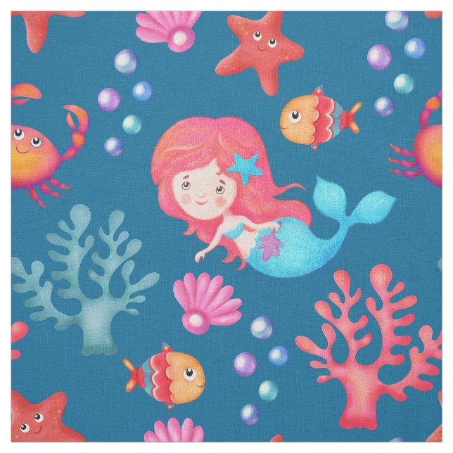 Cute Mermaid Pattern Underwater Theme Nursery Fabric (Swatch)