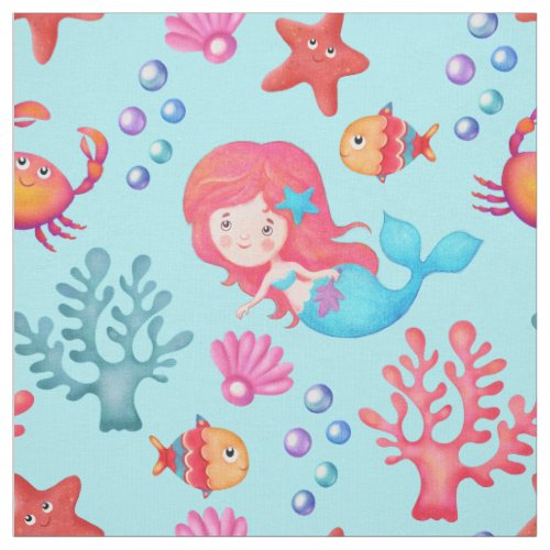 Cute Mermaid Pattern Underwater Theme Nursery Fabric