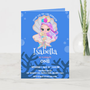 Cute Mermaid pearl Rainbow whale Birthday party  Invitation