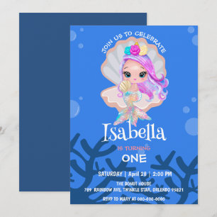 Cute Mermaid pearl Rainbow whale Birthday party  Invitation