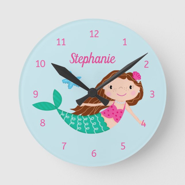 Cute Mermaid Personalized Blue Round Clock (Front)